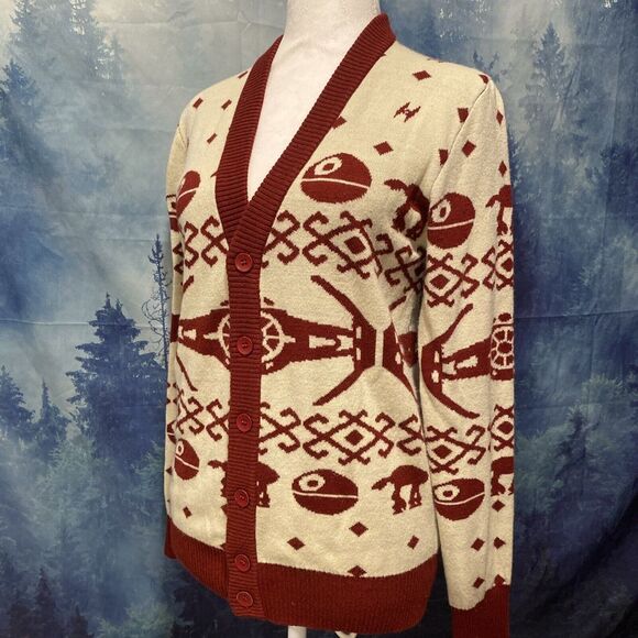 Star Wars Womens Large Red Cream Cardigan Sweater At At Death Star Tie Fire - Picture 1 of 7